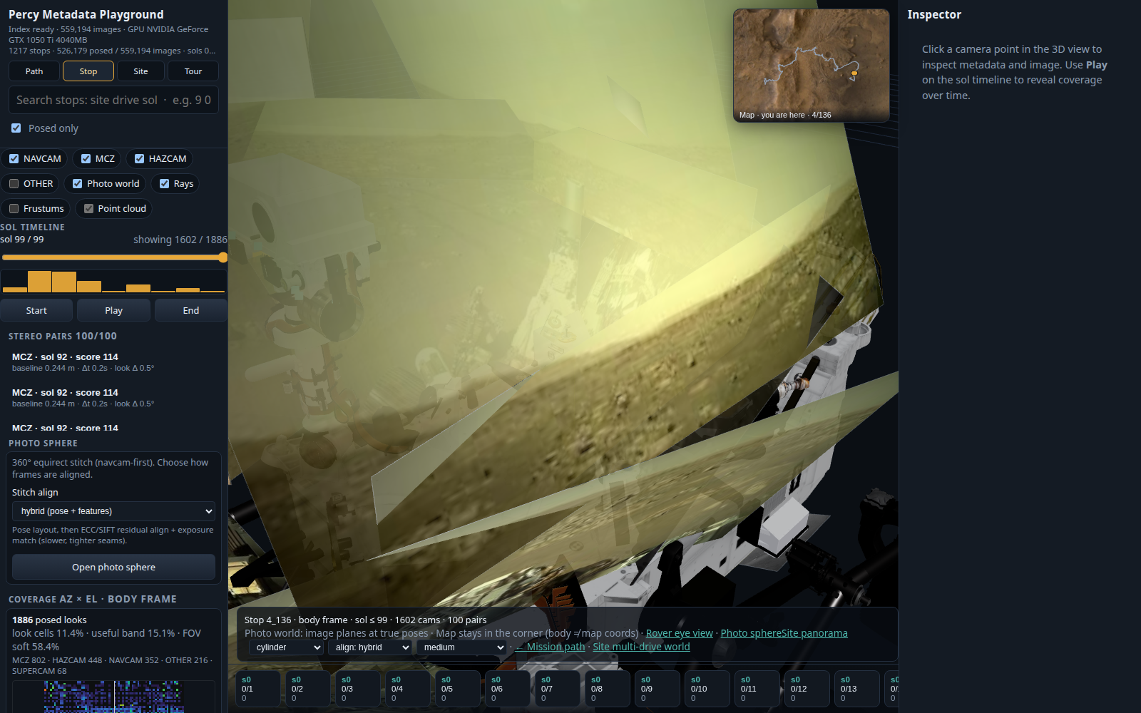 Percy Metadata Playground — stop camera view with photo world and rover model